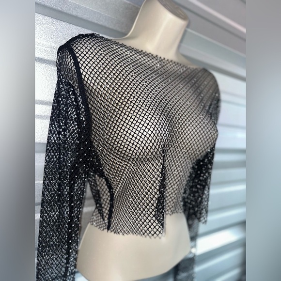 Mesh Black Sequin Long Sleeve Festival Top One Size - Picture 5 of 11